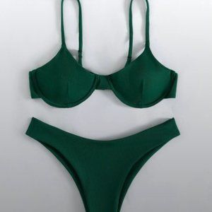 Shein Rib Underwire Bikini Swimsuit Dark Green / 6 Bikini Two Piece Swim
